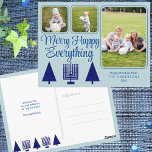 Postal Familia interreligiosa de la Marina de los Cerezos<br><div class="desc">Una plantilla de postal de 3 collage de fotos para que puedas personalizar para los elegantes saludos navideños y entre religiones azul pastel Merry Happy Everything (¡Feliz Navidad!) los saludos navideños hacen que sea una brisa crear tus propias postales de Chrismukkah. El frente de estas postales de fotos azul claro...</div>