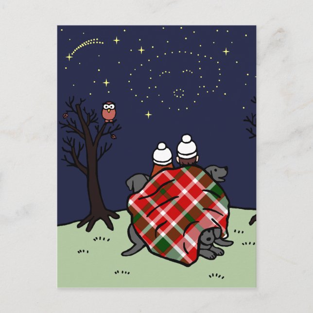 Postal Familia Labrador Negra y cielo estrellado (Anverso)