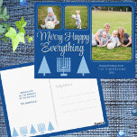Postal Familia merry Blue Interfaith Niños 3 Festividades<br><div class="desc">Una plantilla de postal de 3 collage de fotos para que puedas personalizar para los elegantes saludos de vacaciones de colores azul pastel y azul oscuro entre religiones Merry Happy Everything hace que sea una brisa crear tus propias postales de Chrismukkah. La parte delantera de estas postales de fotos azul...</div>