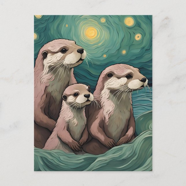Postal Familia Otter en un océano nocturno estrellado (Anverso)