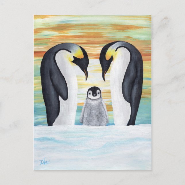 Postal Familia Pingüino con Pingüino Bebé (Anverso)