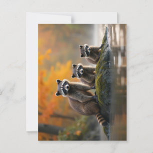 Postal Familia Raccoon en otoño