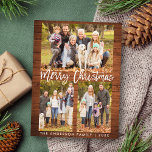 Postal Familia Rustic Wood Brush Script 3 Photo Navidades<br><div class="desc">Guión de broche de madera rústica Feliz Navidad Familia 3 Foto Postal</div>