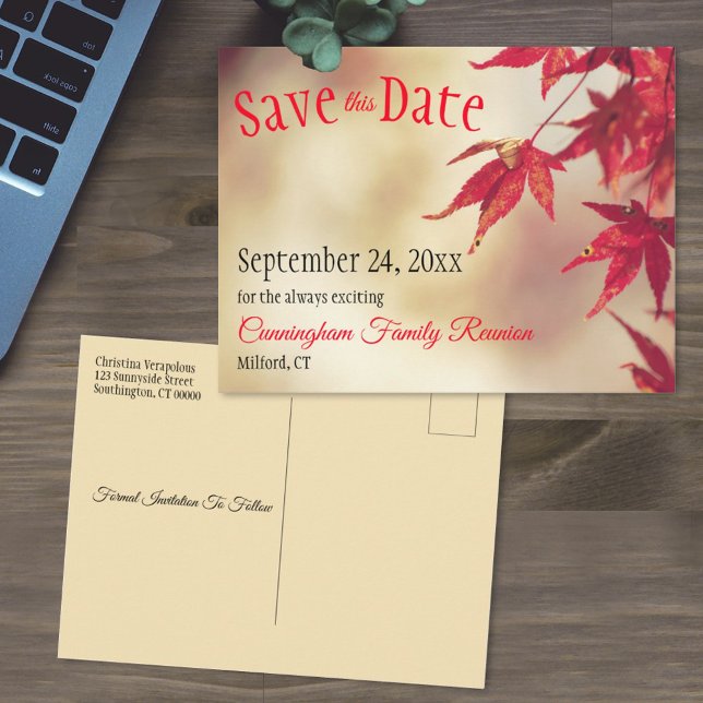 Postal Family Reunion Save The Date Fall Red Leaves Bokeh (Subido por el creador)