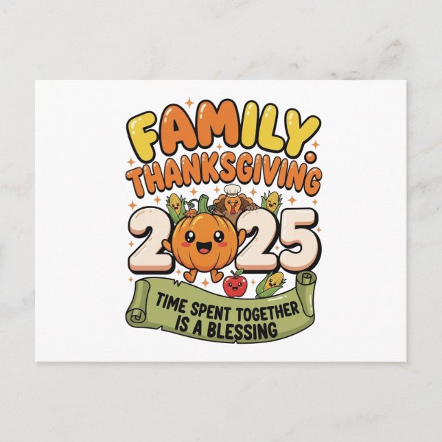 Postal Family Thanksgiving 2025 Postcard – Cute Cartoon (Anverso)