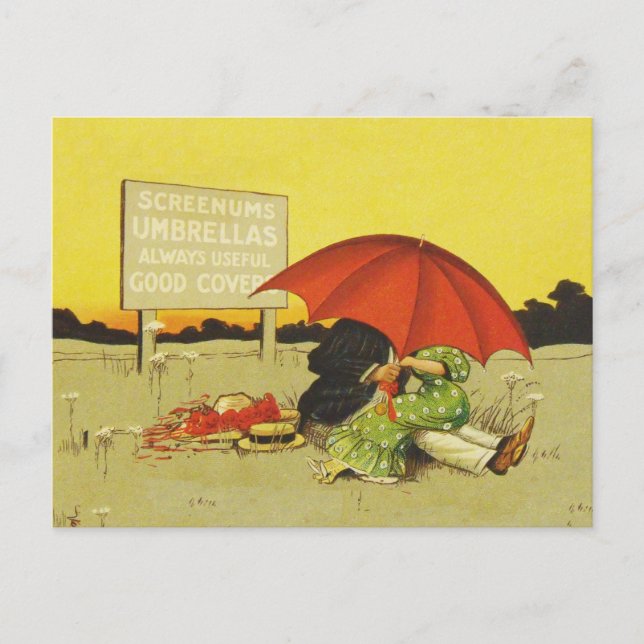 Postal Famoso paraguas de playa vintage novios (Anverso)