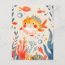 Postal Famoso pez Pufferfish cerca del arrecife Vibrante