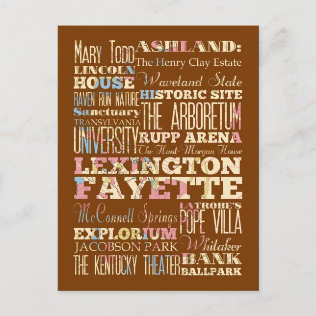 Postal Famosos lugares de Lexington Fayette, Kentucky. (Anverso)