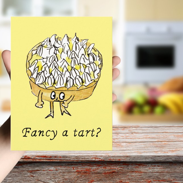 Postal Fancy a Tart Funny Lemon Meringue Pie Quirky Art (Fancy a tart quote funny lemon meringue pie cartoon watercolor art greetings postcard for cake lover)