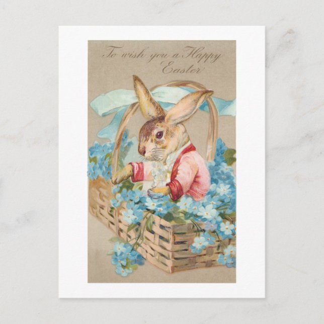 Postal Fancy Easter Bunny en la cesta con nomeolvides (Anverso)
