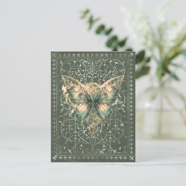 Postal Fancy Green Steampunk Butterfly (Anverso de pie)