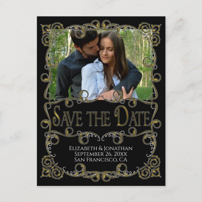 Postal Fancy Ornate Gold & Black Wedding Save the Date (Anverso)