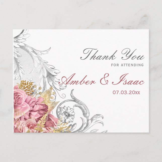 Postal Fancy Pink Floral Boda Gracias (Anverso)