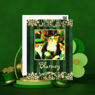 Postal Fancy St Patrick's Day Gats Blarney con rayas
