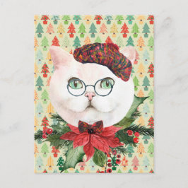 Postal Fancy White Cat & Poinsettia Holiday