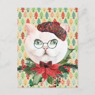 Postal Fancy White Cat & Poinsettia Holiday