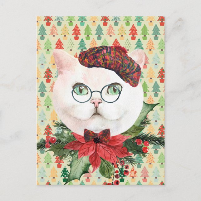 Postal Fancy White Cat & Poinsettia Holiday (Anverso)