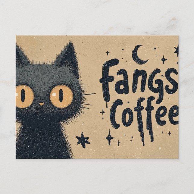 Postal Fangs and Coffee Graphic con gato negro grisáceo (Anverso)