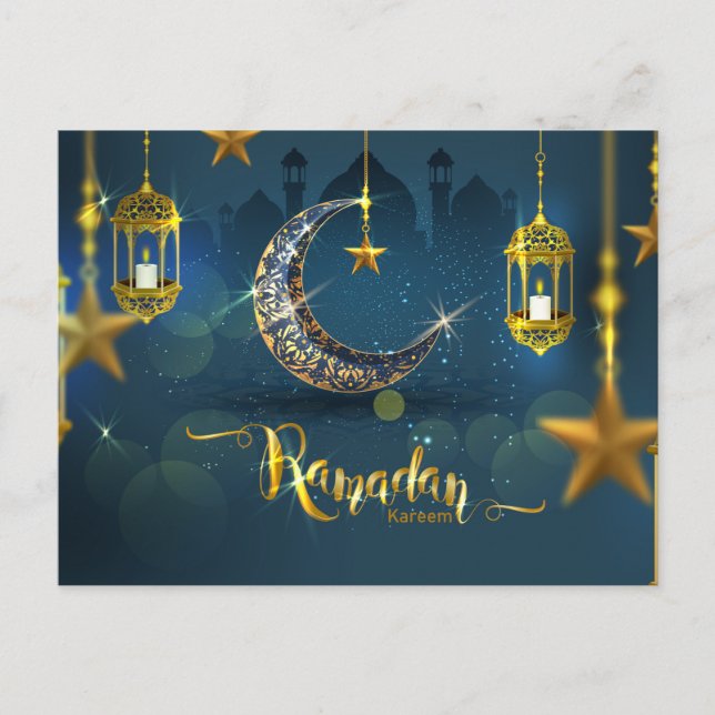 Postal Fanoos de la luna de oro y azul de Ramadán (Anverso)