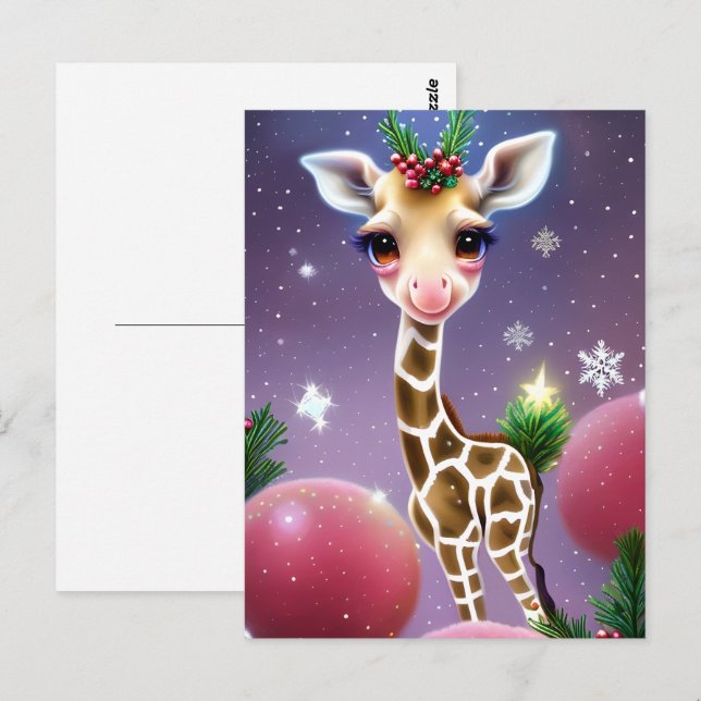 Postal Fantasía Adorable bebé Giraffe con Holly (Anverso / Reverso)