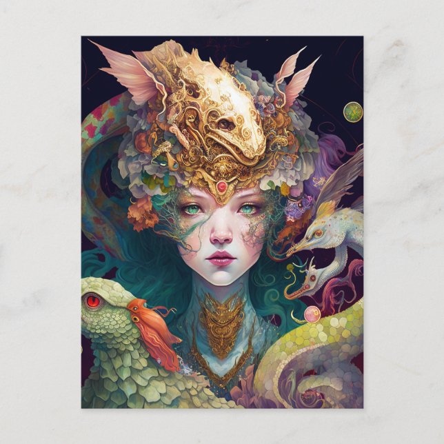 Postal Fantasía Arte Dragón Diosa Reina (Anverso)
