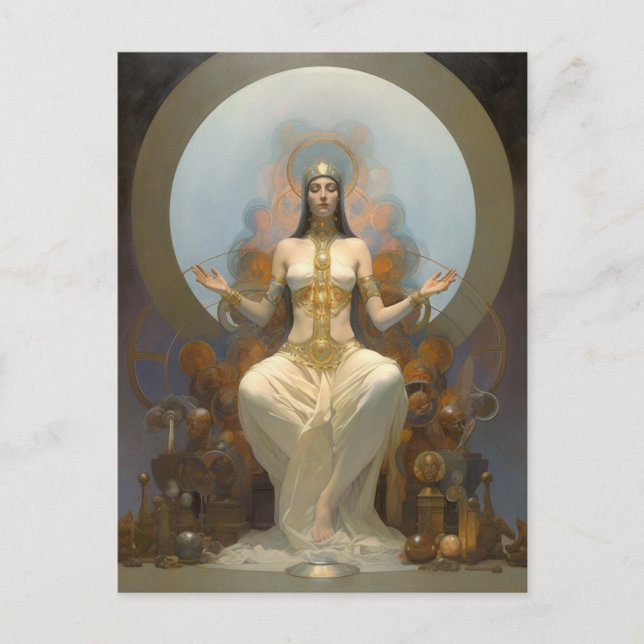 Postal Fantasía Arte Meditando A La Reina Sobre El Trono (Anverso)