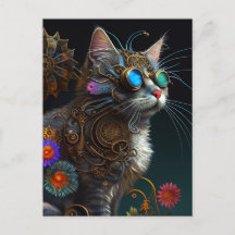 Fantasía atractiva de gato y flores de vapor arte 