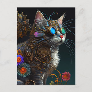 Postal Fantasía atractiva de gato y flores de vapor arte 