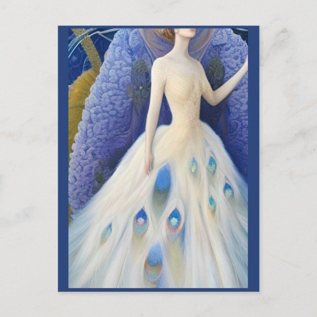 Postal Fantasía Boda de pavo real blanco vestido de moda  (Anverso)