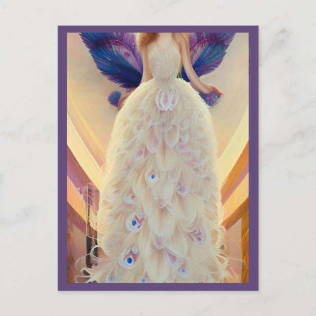 Postal Fantasía Boda de pavo real blanco vestido de moda (Anverso)