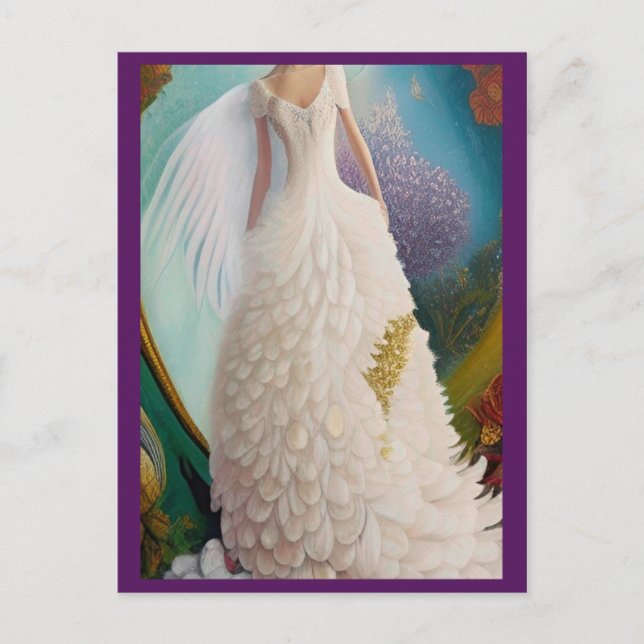 Postal Fantasía Boda de pavo real blanco vestido de moda  (Anverso)
