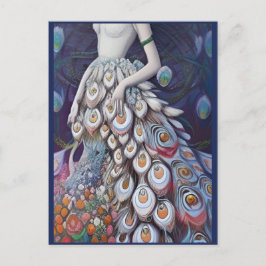 Postal Fantasía Boda de pavo real blanco Vestido Ilustrac