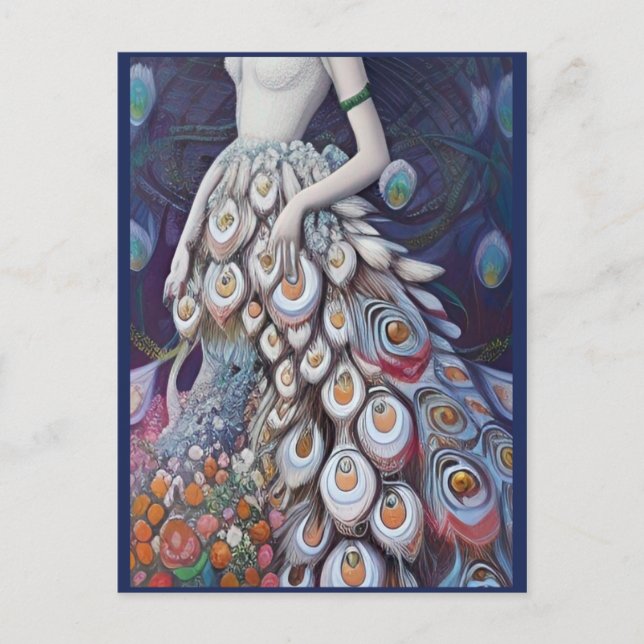 Postal Fantasía Boda de pavo real blanco Vestido Ilustrac (Anverso)
