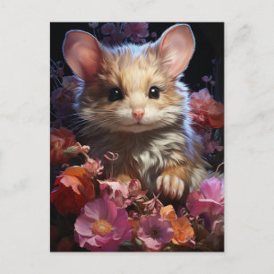 Postal Fantasía Brown Fluffy Mouse en las flores