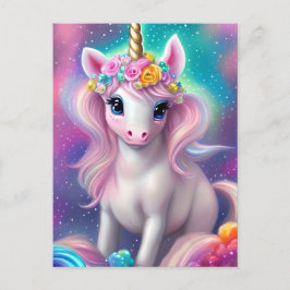 Postal Fantasía colorida Kawaii Unicorn