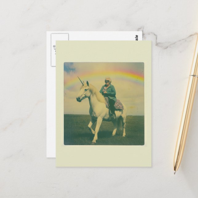 Postal Fantasía de anciana montando unicornio (Anverso/Reverso In Situ)