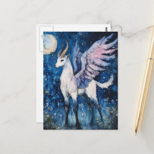 Postal Fantasia de Cabra Alada Adorable Luna Llena