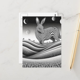 Postal Fantasia de conejo caballo Op art en blanco y negr