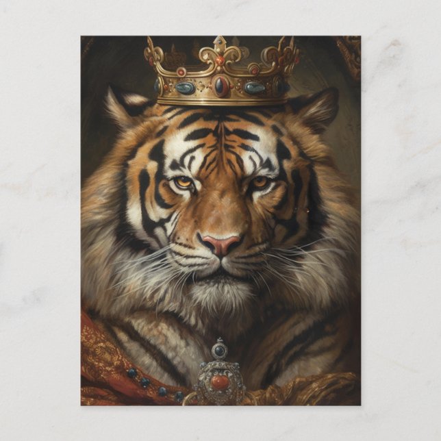 Postal Fantasia de Cuento de Hadas Tigre con Corona (Anverso)