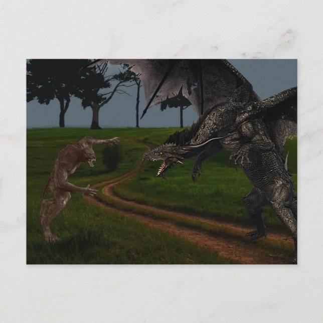 Postal Fantasía de Dragón Contra Hombre Lobo (Anverso)