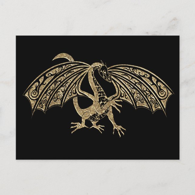 Postal Fantasía de Dragon Grabado en relieve de oro (Anverso)