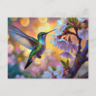 Postal Fantasía de Flor de Cerezo Amanecer Colibrí