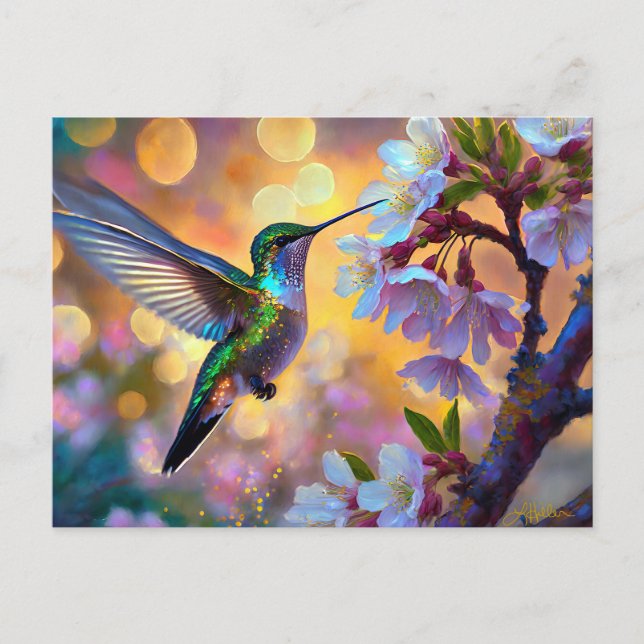 Postal Fantasía de flor de cerezo Colibrí (Anverso)
