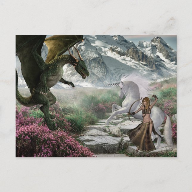 Postal Fantasía de guerrero unicornio contra el dragón (Anverso)
