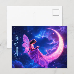 Postal Fantasía de hadas rosadas purpurina luna de neón