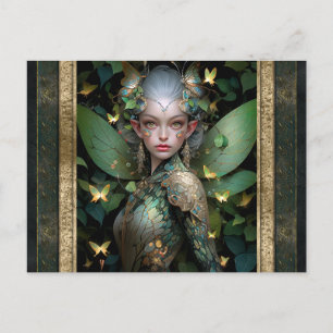 Postal Fantasía de mujer de hadas verdes