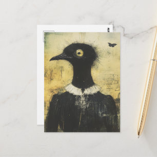 Postal Fantasía de pájaro negro de terror en vestido negr