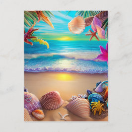 Postal Fantasía de playa mística con flores tropicales