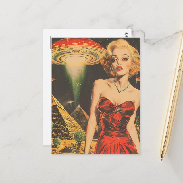 Postal Fantasía de Scifi: Una mujer rubia vestida de rojo (Anverso/Reverso In Situ)