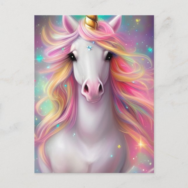 Postal Fantasía Detallada y caprichosa Kawaii Unicorn (Anverso)